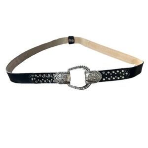 Western Womens Black Leather Belt‎ Rhinestones Studs Size Medium Silver Buckle